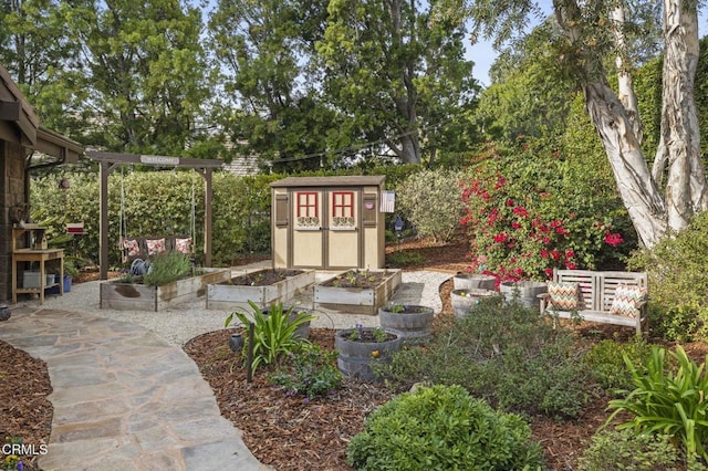 view of patio with a storage shed