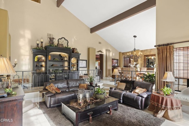 living room with high vaulted ceiling, beamed ceiling, and an inviting chandelier