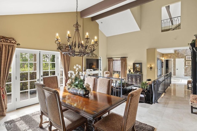 dining area with high vaulted ceiling, a chandelier, french doors, and beamed ceiling