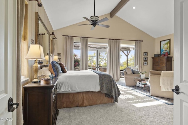 bedroom with ceiling fan, light colored carpet, access to exterior, and beam ceiling