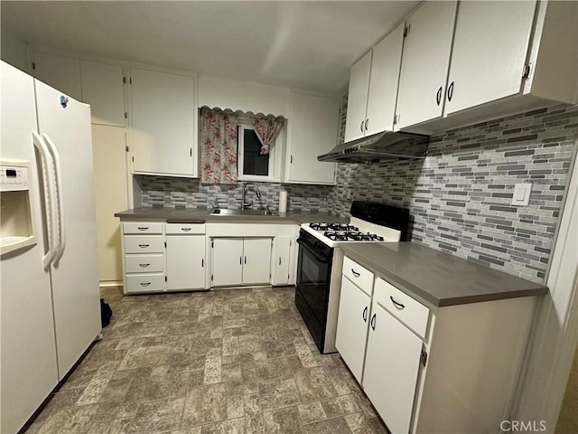 kitchen with white cabinetry, sink, black range with gas stovetop, backsplash, and white fridge with ice dispenser