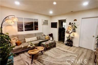 living room featuring wood-type flooring and an AC wall unit