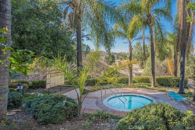 view of swimming pool featuring a hot tub