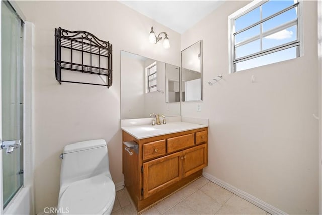 full bathroom with tile patterned flooring, baseboards, vanity, and toilet