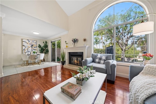 living area featuring ornamental molding, a glass covered fireplace, wood finished floors, high vaulted ceiling, and baseboards