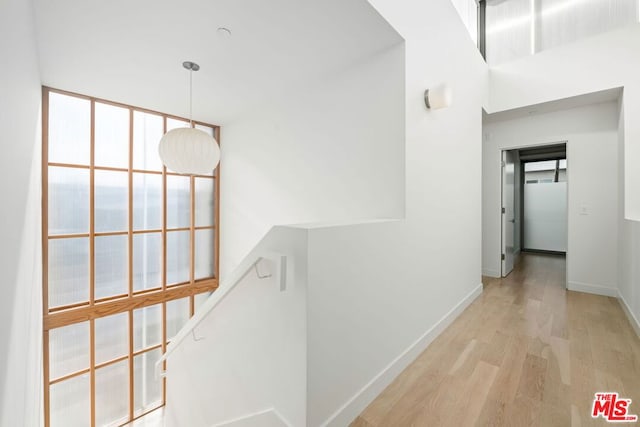 corridor featuring a high ceiling and light hardwood / wood-style flooring