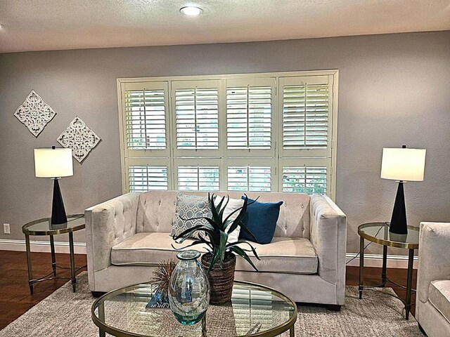 living room featuring a baseboard heating unit and a textured ceiling