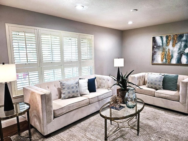 living room featuring a healthy amount of sunlight and a textured ceiling