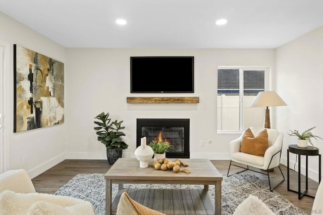 living room with dark hardwood / wood-style flooring