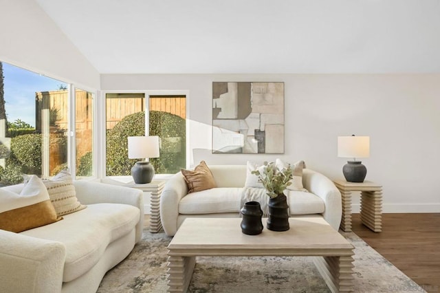 living area featuring vaulted ceiling and hardwood / wood-style flooring