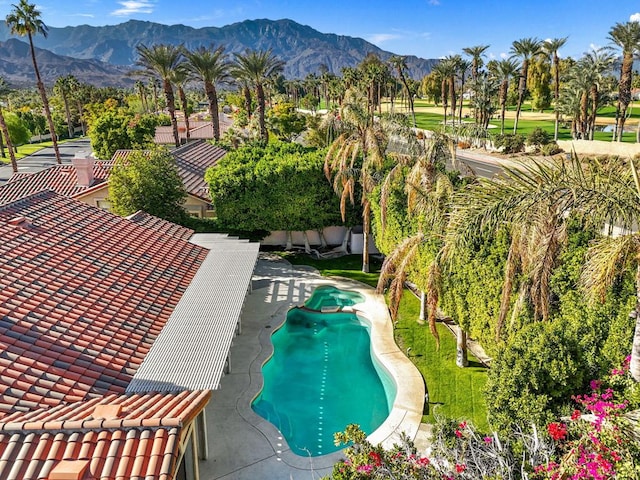 view of pool featuring a mountain view and a patio area