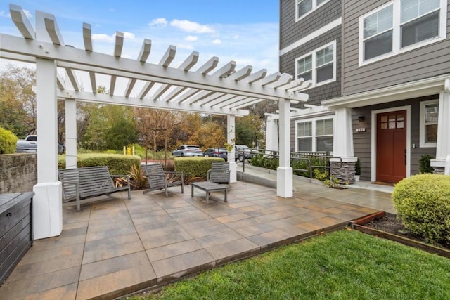 view of patio with an outdoor hangout area and a pergola