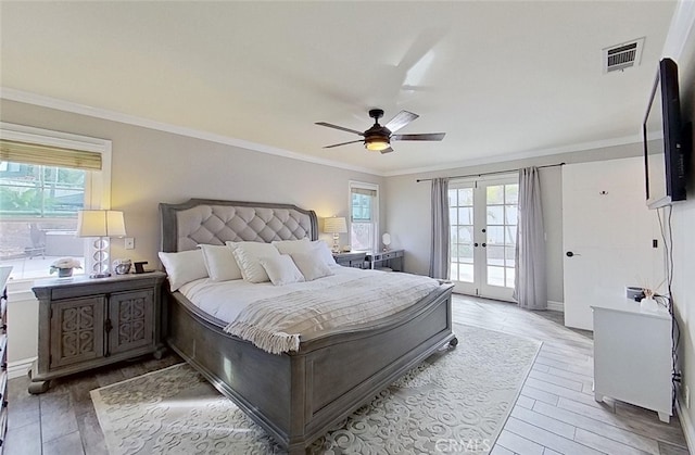 bedroom with ceiling fan, crown molding, access to outside, and french doors