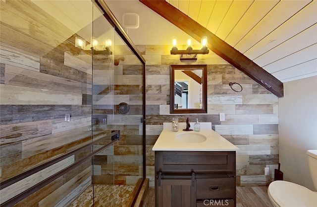 bathroom featuring toilet, walk in shower, and wooden walls