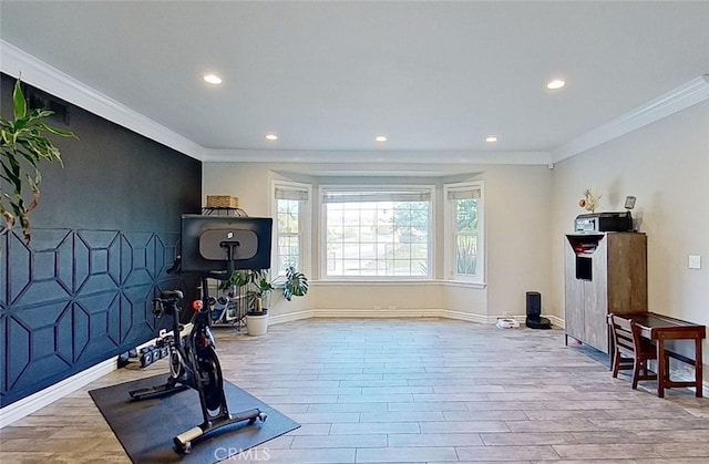 workout room featuring ornamental molding and light hardwood / wood-style flooring