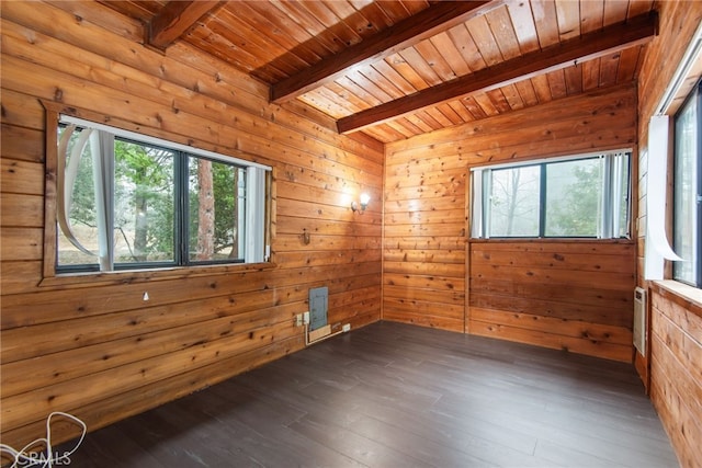spare room featuring beam ceiling, wooden ceiling, and a wealth of natural light