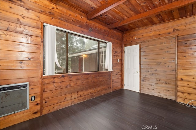 spare room featuring beamed ceiling, wooden walls, dark wood-type flooring, and wooden ceiling