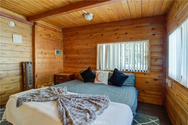 bedroom featuring beamed ceiling, wooden walls, wood finished floors, and wooden ceiling