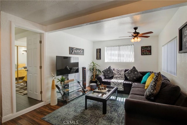 living room featuring wood finished floors and ceiling fan