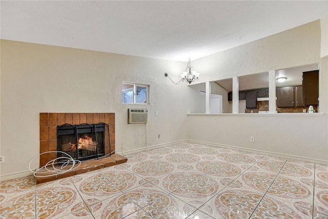 tiled living room featuring a tile fireplace