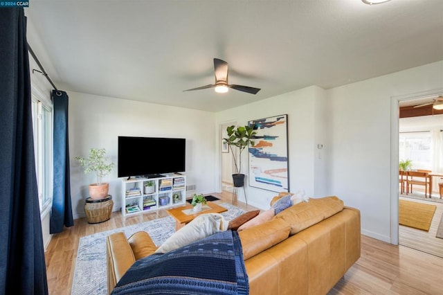 living room with ceiling fan and light hardwood / wood-style flooring