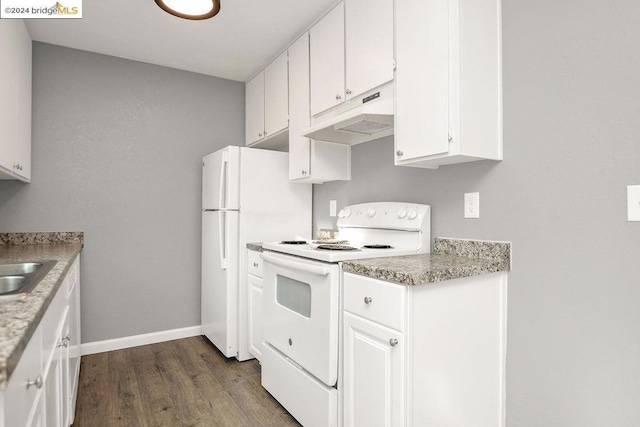 kitchen featuring dark hardwood / wood-style flooring, white cabinets, and white appliances