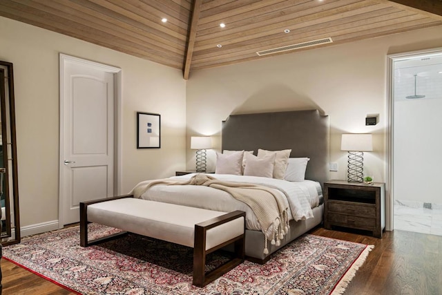 bedroom featuring dark wood-type flooring, wooden ceiling, and lofted ceiling