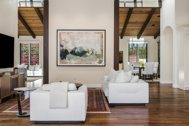 living room featuring wooden ceiling, dark hardwood / wood-style flooring, beam ceiling, and high vaulted ceiling