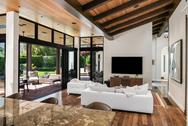 living room featuring dark hardwood / wood-style flooring, wood ceiling, high vaulted ceiling, and beamed ceiling