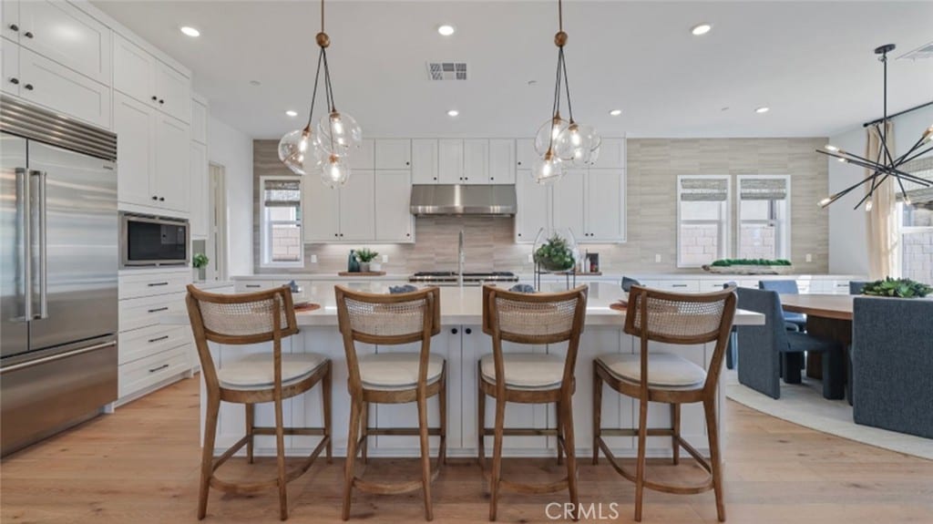 kitchen featuring decorative light fixtures, backsplash, a center island with sink, built in appliances, and white cabinets