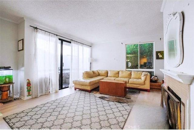 living room featuring a textured ceiling, ornamental molding, a fireplace, and hardwood / wood-style flooring