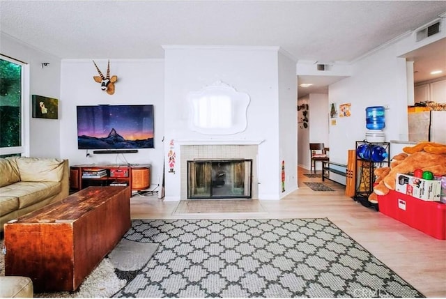 living room featuring a fireplace, light hardwood / wood-style floors, and crown molding