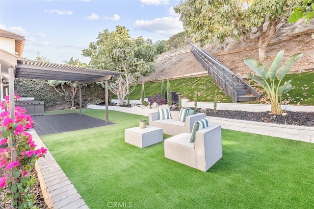 view of yard with an outdoor hangout area and a pergola