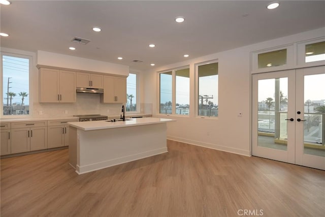 kitchen featuring french doors, an island with sink, sink, backsplash, and light hardwood / wood-style flooring