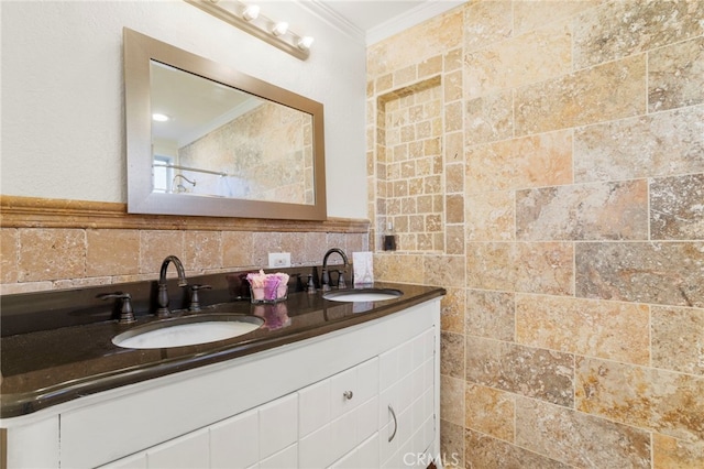 bathroom with ornamental molding, decorative backsplash, and vanity