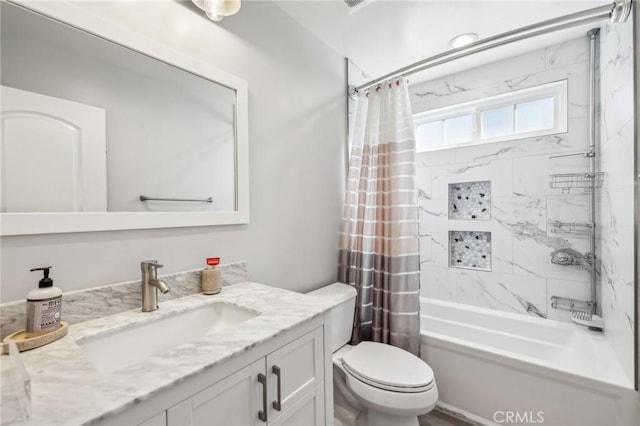 full bathroom with vanity, shower / bathtub combination with curtain, and toilet