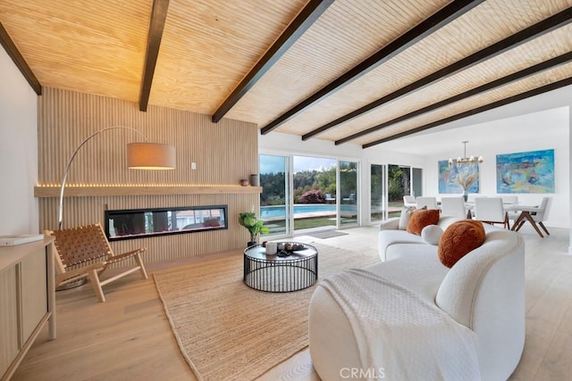 living room with wooden ceiling, lofted ceiling with beams, wood walls, and light wood-type flooring