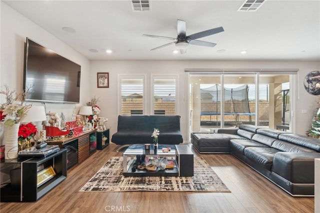 living room featuring ceiling fan and light hardwood / wood-style flooring