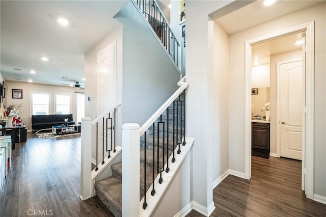 stairway featuring ceiling fan and hardwood / wood-style flooring