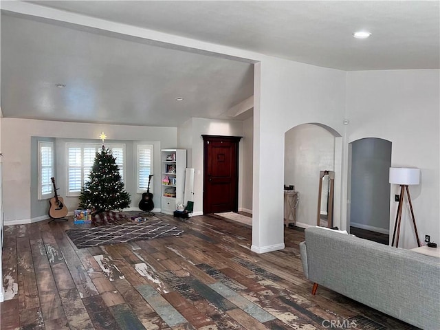 living room featuring dark wood-type flooring