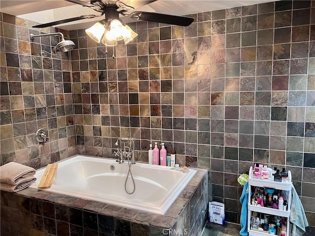 bathroom with tile walls and independent shower and bath