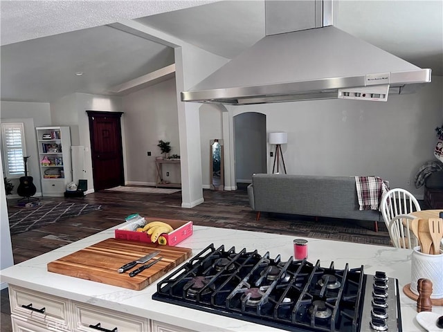 kitchen featuring light stone countertops, range hood, and gas stovetop