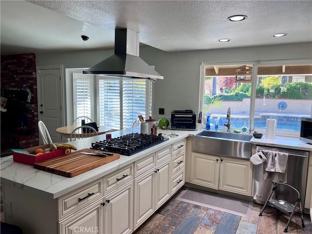 kitchen featuring a wealth of natural light, sink, island exhaust hood, and stainless steel appliances