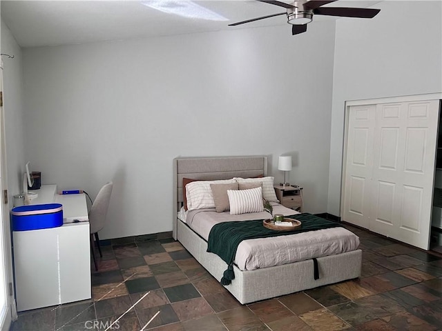 bedroom featuring ceiling fan and a closet