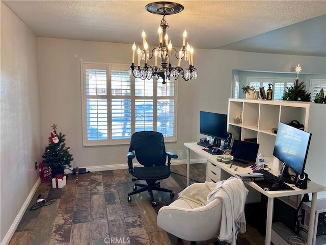 office area with dark wood-type flooring, a notable chandelier, and a textured ceiling