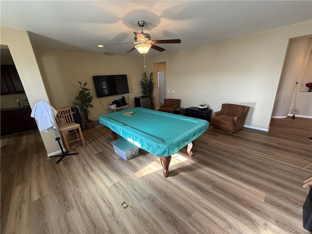 game room featuring pool table, wood-type flooring, and ceiling fan