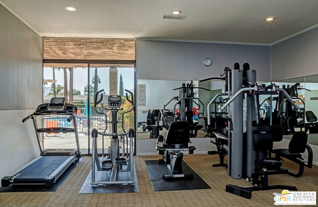 exercise room with wooden walls, ornamental molding, and carpet flooring