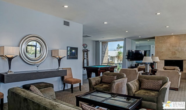 living room featuring carpet, billiards, and a high end fireplace