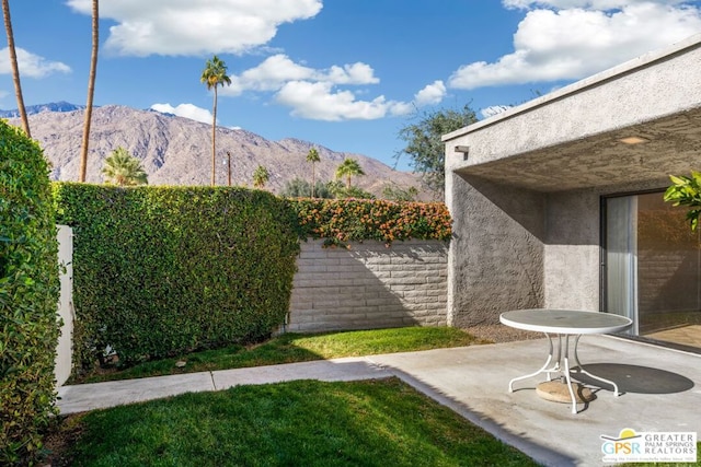 view of yard featuring a mountain view and a patio