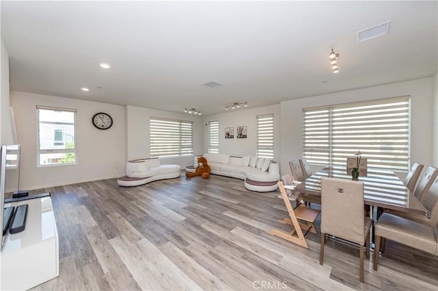 dining space featuring light wood-type flooring and rail lighting